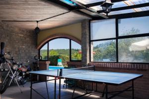 a ping pong table in a room with windows at La Lepre Danzante in Borgomale