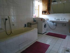 a bathroom with a tub and a sink and a washing machine at Ferienwohnung Susanne & Georg Guth in Beilngries