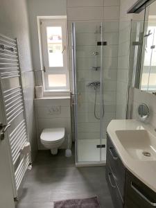 e bagno con doccia, servizi igienici e lavandino. di Haus Malve Dahme a Dahme