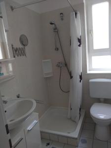 La salle de bains est pourvue d'une douche, de toilettes et d'un lavabo. dans l'établissement Haus Malve Dahme, à Dahme