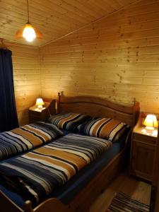 two beds in a wooden room with two lamps at Ferienhaus Waldhütte Ferch in Schwielowsee