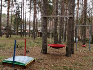 a playground with a swing in a forest at Ferienhaus Waldhütte Ferch in Schwielowsee