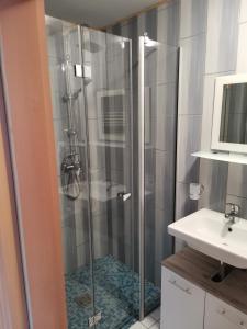 a bathroom with a shower and a sink at Landgasthof Negrean in Modriach +29 photos