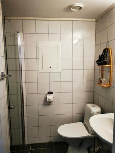 a bathroom with a shower and a toilet and a sink at Henningsvær Guesthouse in Henningsvær +34 photos