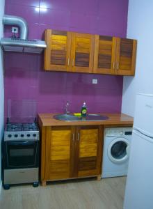 a kitchen with a sink and a washing machine at Sky Nautico Apartment in São Tomé
