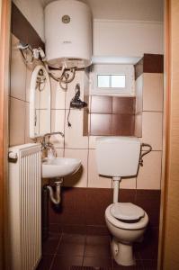 een kleine badkamer met een toilet en een wastafel bij Lamprou in Kosmás