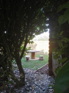 uma mesa de piquenique no meio de um jardim em patrice et chrstel Cabane en bois em Chatuzange-le-Goubet
