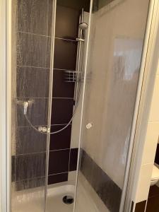 um chuveiro com uma porta de vidro na casa de banho em Pension No. 55 em Erfurt