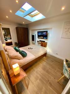 a bedroom with a large bed and a skylight at suite phantastica in Les-Pennes-Mirabeau