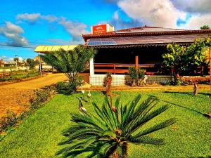a building with a palm tree in front of it at Hotel Monte Pascoal in Itamaraju