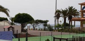 a tennis court with palm trees and the ocean at PLAYA LAS VISTAS LOFT in Los Cristianos