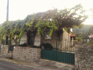 Cottage - Vitorino dos Piães في Vitorino dos Piães: منزل به بوابة خضراء و مجموعة من الكروم