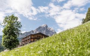 un edificio su una collina con una montagna sullo sfondo di La Majun Fornellahof ad Antermoia