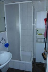 y baño con ducha y lavamanos. en Ferienhaus Winter en Dobbertin