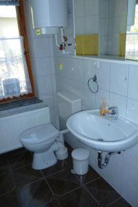 Baño blanco con aseo y lavamanos en Ferienhaus Winter en Dobbertin