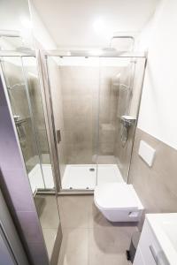a bathroom with a shower and a toilet at Apartament Piano Centrum in Racibórz +2 photos