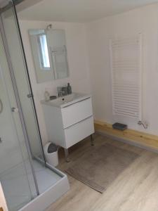 ein Bad mit einem Waschbecken und einer Dusche mit einem Spiegel in der Unterkunft charmante maison normande luneray in Luneray