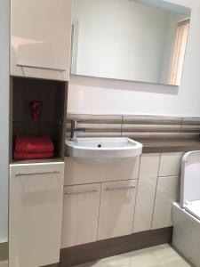 a white bathroom with a sink and a mirror at Clanrye House Guest Accommodation in Newry