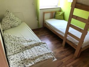 Kleines Zimmer mit 2 Etagenbetten und einer Leiter in der Unterkunft Ferienwohnung Unterwellenborn in Unterwellenborn