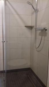 La salle de bains est pourvue d'une douche avec une porte en verre. dans l'établissement Trollenhof, à Wellendingen