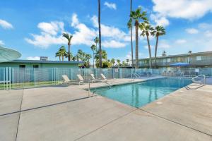 a swimming pool with chairs and palm trees at Modern Contemporary OT Scottsdale with Heated Pool in Scottsdale