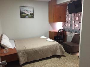 Habitación de hotel con cama y silla en Hotel Plazza en Chiclayo