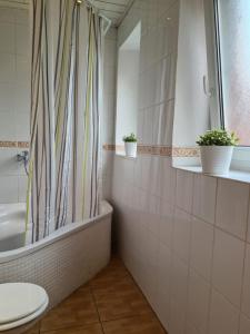 a bathroom with a tub and a toilet and a sink at Bei Chogman in Gronau