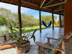 a porch with a potted plant and a swing at Sítio Tamanduá in Brotas