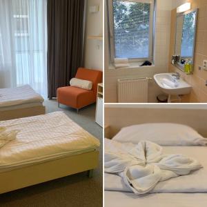 two pictures of a hotel room with a bed and a sink at Pension Edison in Brno