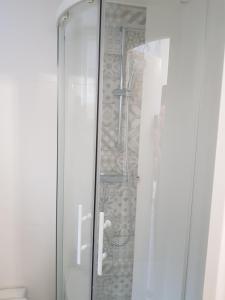 La salle de bains est pourvue d'une douche avec une porte en verre. dans l'établissement La Fauconnerie Studio de charme au cœur d'Orléans, à Orléans