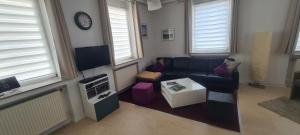 a living room with a couch and a tv at Appartement Vanille, Ferienwohnung mit eigenem Eingang, wie ein kleines Haus in Bad Salzuflen