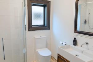 a bathroom with a toilet and a sink and a window at The Old Confectionery in Oamaru