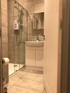 a bathroom with a sink and a shower at Belmont - Y Prom in Aberystwyth