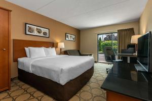 a hotel room with a bed and a television at Comfort Inn Kapuskasing in Kapuskasing