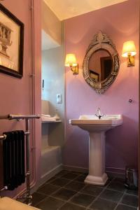 łazienka z umywalką i lustrem na ścianie w obiekcie Manoir de Ghaisne w mieście Freigné
