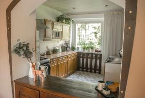 a kitchen with wooden cabinets and a large window at Poziomkowa 5 in Szczyrk