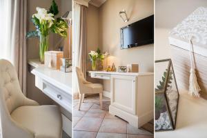 two pictures of a room with a desk and a tv at Hotel Savoia in Alassio