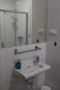 ein weißes Badezimmer mit einem Waschbecken und einem Spiegel in der Unterkunft MoHo XL in Breslau