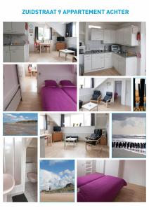 a collage of photos of a room with purple at Appartement Zuidstraat Domburg in Domburg