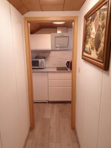 a small kitchen with white cabinets and a microwave at Sonnige ruhige Dachzimmer inkl WIFI plus Kaffee mit WG Dusche und neuer Küche in Lörrach