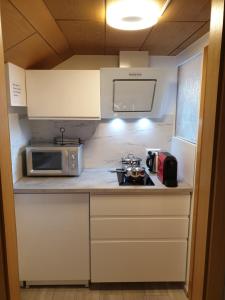 a small kitchen with a microwave and a sink at Sonnige ruhige Dachzimmer inkl WIFI plus Kaffee mit WG Dusche und neuer Küche in Lörrach
