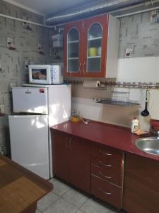Apartment Observatornyi في أوديسا: مطبخ مع ثلاجة بيضاء ومغسلة