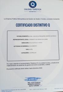 un documento con el certificado de titulación dirdirdirdirdirdir en Hotel Casa Ecuatreasures Centro Historico en Quito