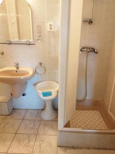 a bathroom with a toilet and a sink and a shower at Éva Vendégház in Bük +9 photos
