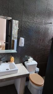 ein Badezimmer mit einem WC, einem Waschbecken und einem Spiegel in der Unterkunft Sara Village in São Roque do Pico