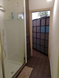 a bathroom with a shower and a glass door at lo zahir in Marina di Ragusa