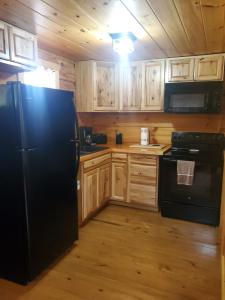 uma cozinha com um frigorífico preto e armários de madeira em The Hampton - An Amish Built Deluxe Log Cabin em Genoa