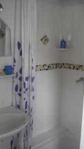 ein Bad mit einem Duschvorhang und einem Waschbecken in der Unterkunft Pension Sonnenschein in Schmallenberg