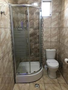 a bathroom with a shower with a toilet and a shower at Liman Hotel in Istanbul