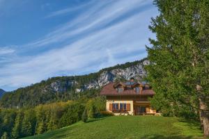 a house on a hill in front of a mountain at Ewinger Lodge in Bad Goisern